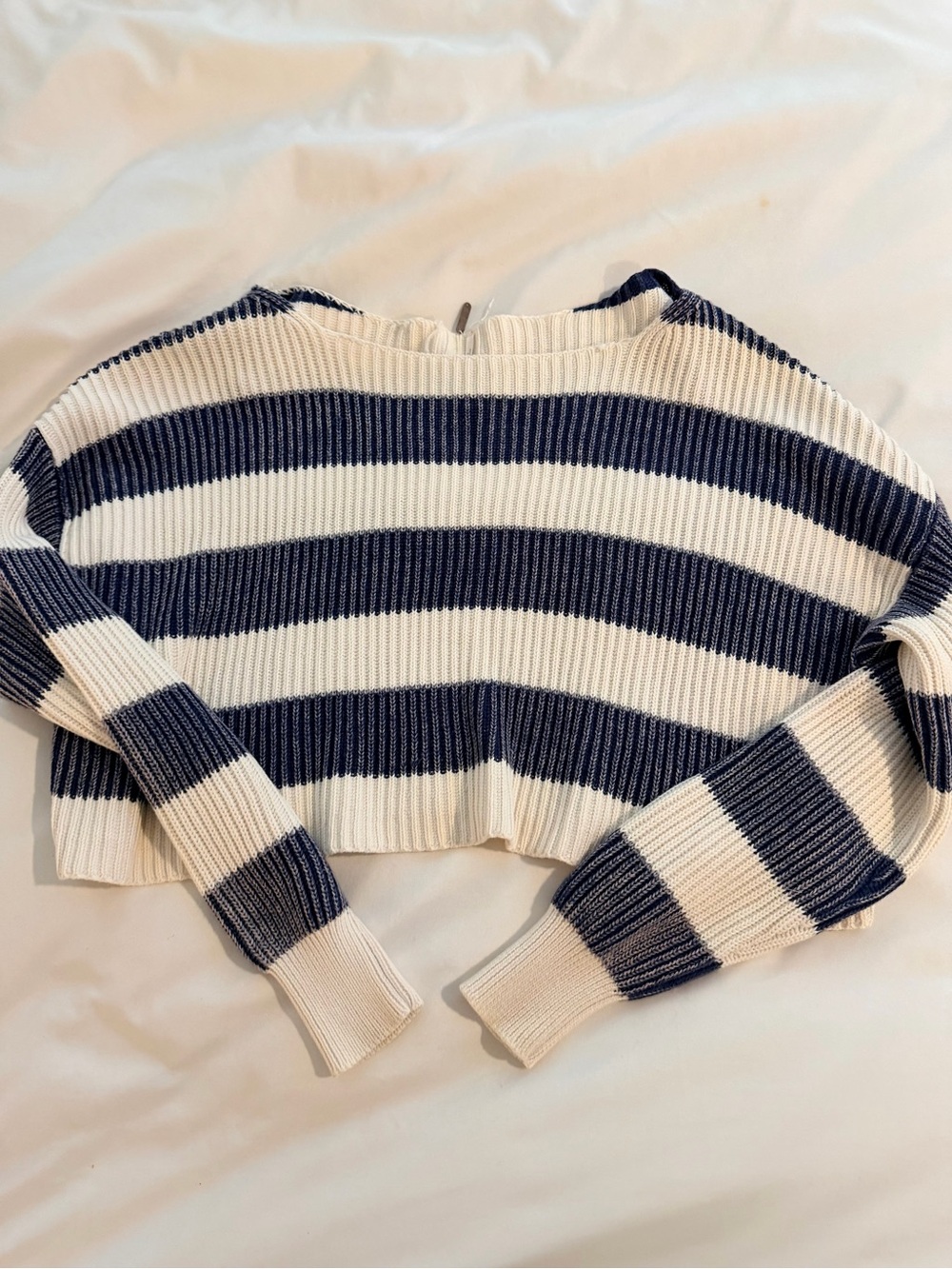 Free People Striped Crewneck Cropped Sweater - Navy & White